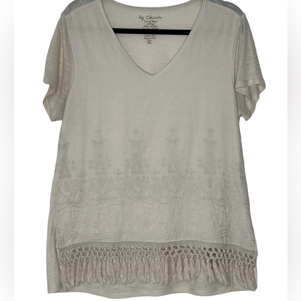 Chicos beige embroidered boho tassel t shirt size 2.‎